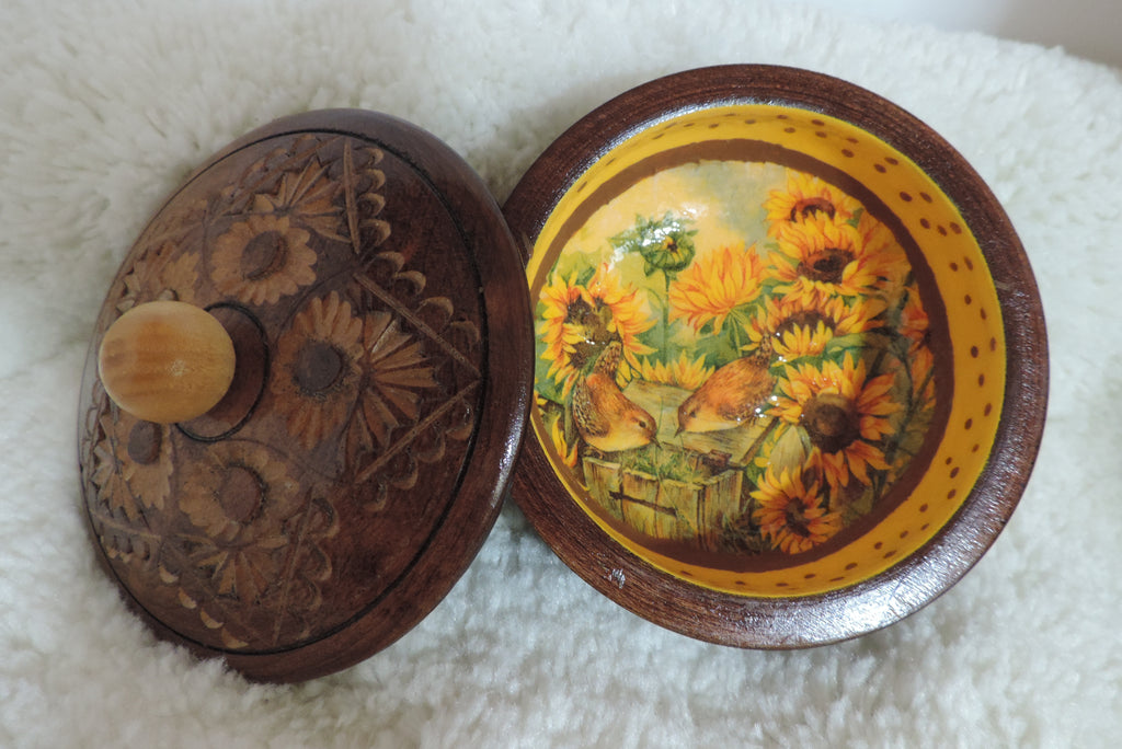 A Decoupage Wood Box made with Decoupage Napkins scene of Sunflowers and brown birds