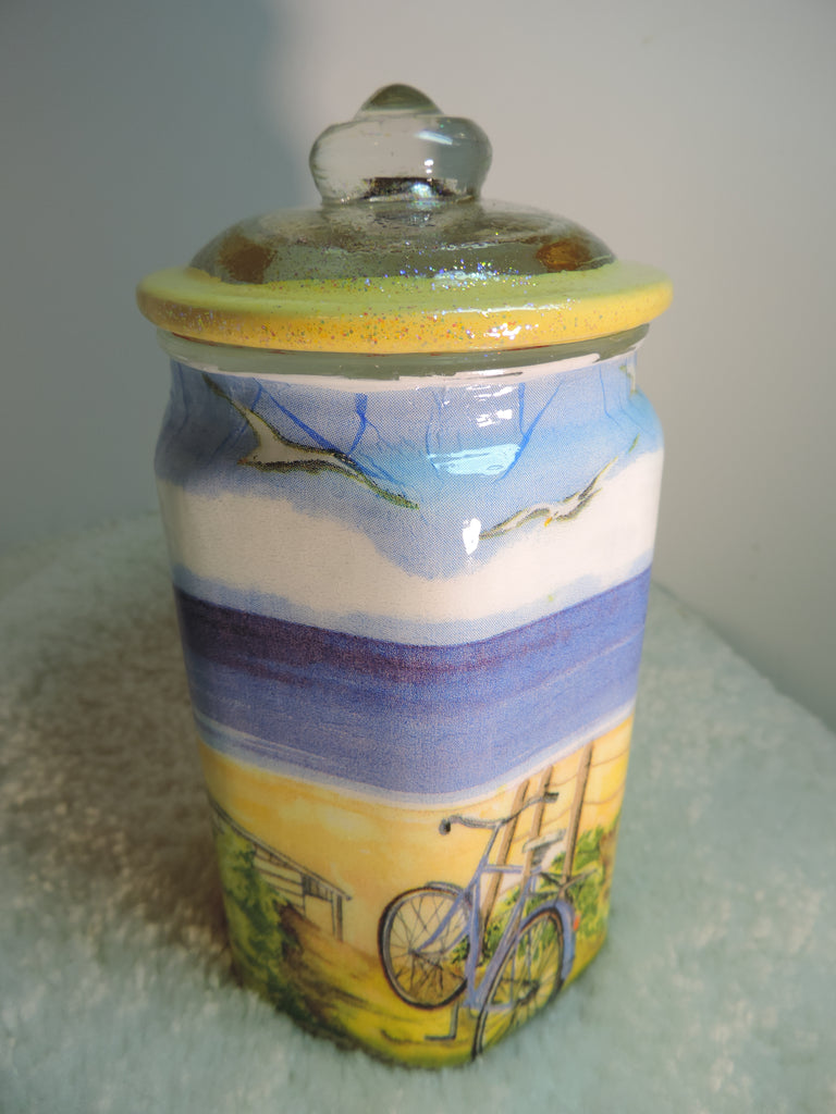 Decoupage Art Decoupage Jar made with Decoupage Napkins Beach Scene with Bicycle