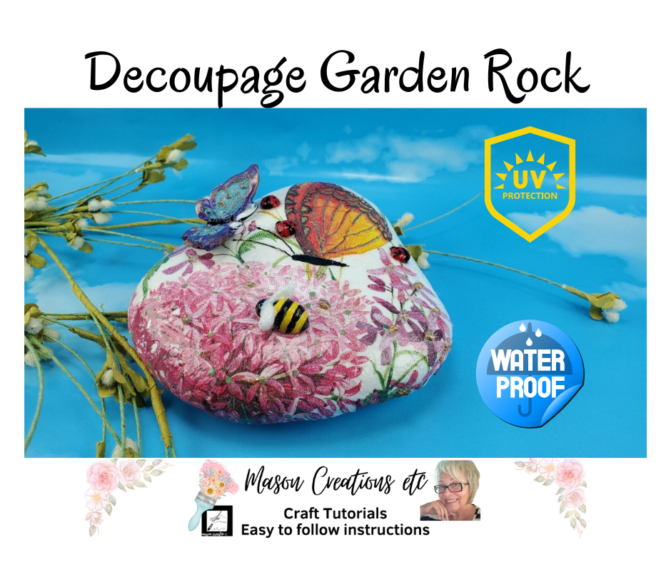 a beautiful decoupage rock with pink flowers, orange butterflies, red lady bugs from DecoupageNapkins.com