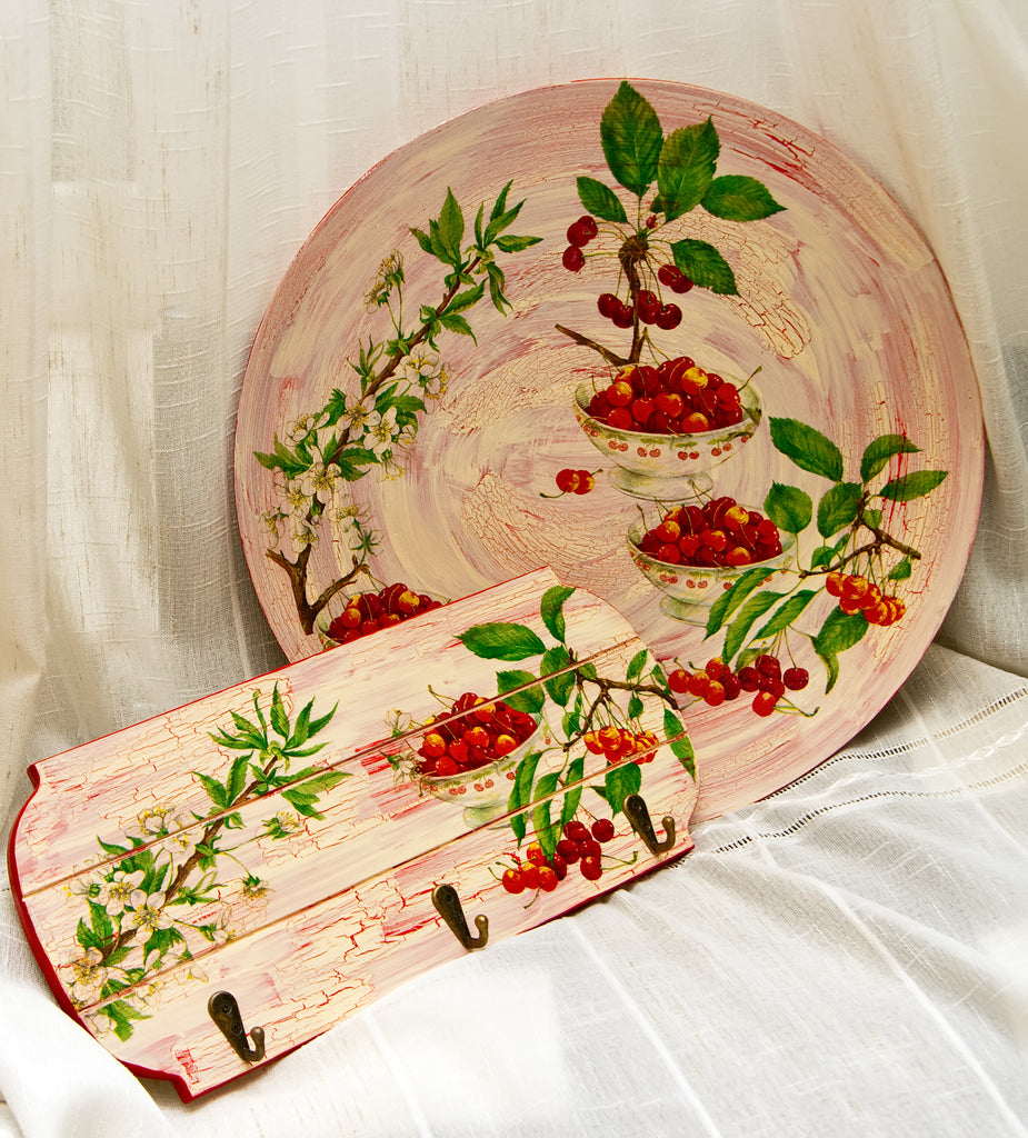 Wood plank and wood plate covered in floral Decoupage Rice Paper