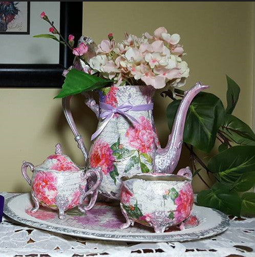 Floral Rose Vintage Teapot made with Decoupage Napkins Vintage Napkins