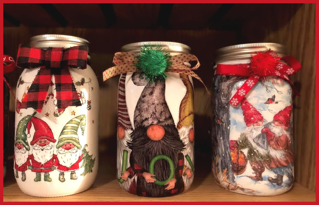 How to make Mason Jars with Christmas Decoupage Napkins. Gnomes, Angels, Red Truck and Ice Skater patterns were used.