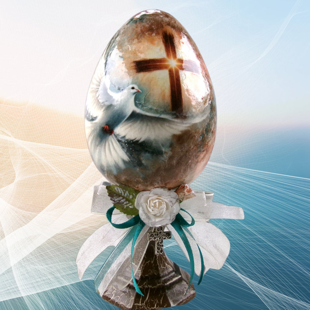 Easter Egg on candelabra decoupaged with rice paper featuring dove and cross