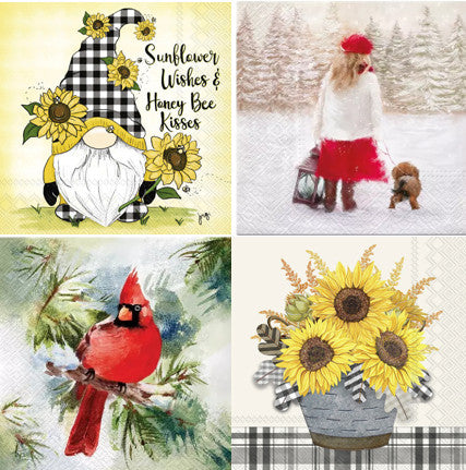 Collage of decorative paper napkins featuring a yellow gnome, red cardinal bird and yellow flowers.