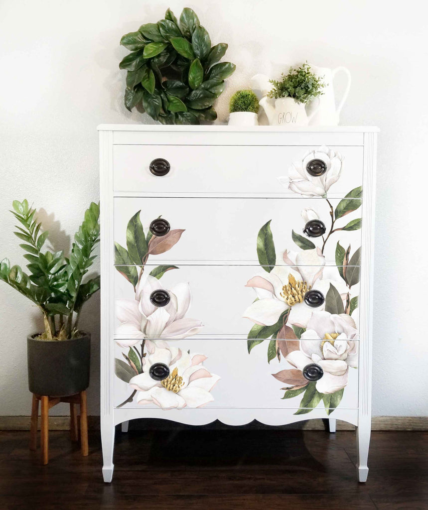 White Dresser with Magnolia flower furniture transfers