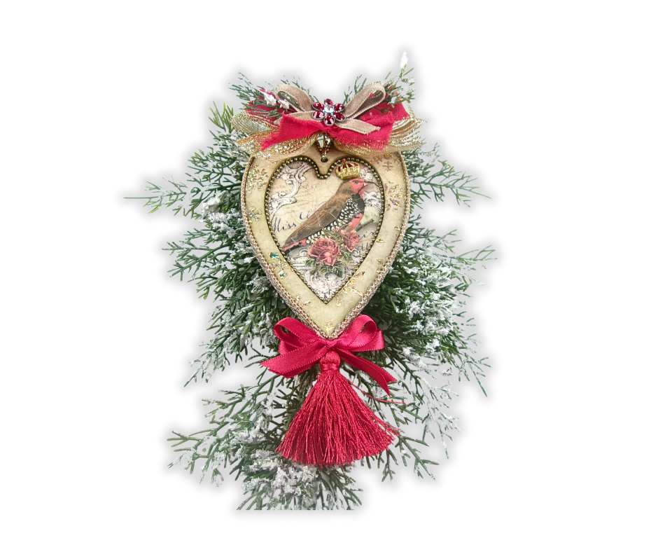 “DIY vintage heart ornament with bird decoupage, gold crackle finish, tassel, and festive ribbon—handmade Christmas craft idea using DecoupageNapkins.com supplies.”
