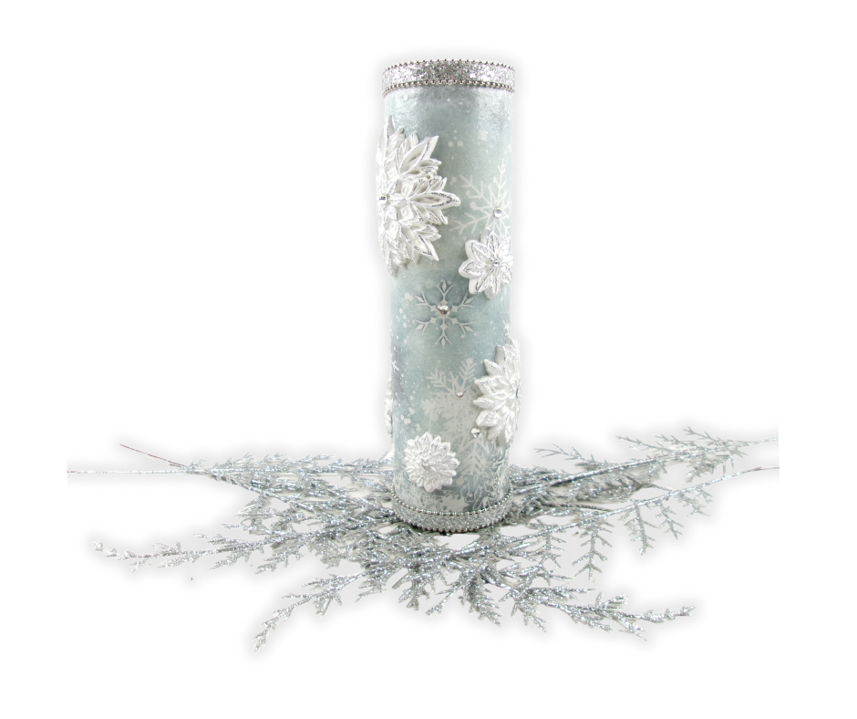 Holiday centerpiece candle with snowflakes and silver accents