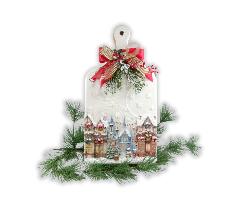 Holiday themed crafted wood cutting board with festive Christmas town theme.