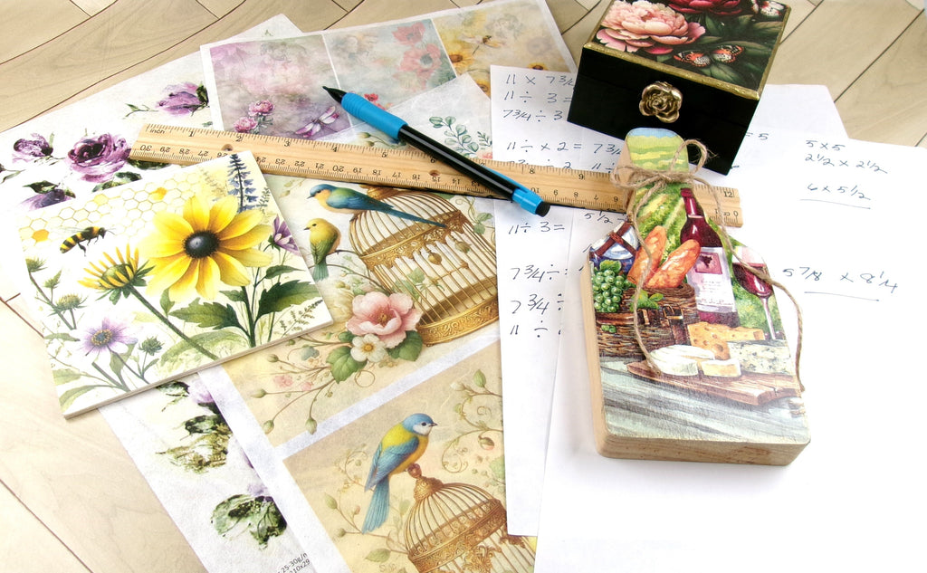 Rice papers for decoupage, box and cutting board with ruler and pencil for size estimates.