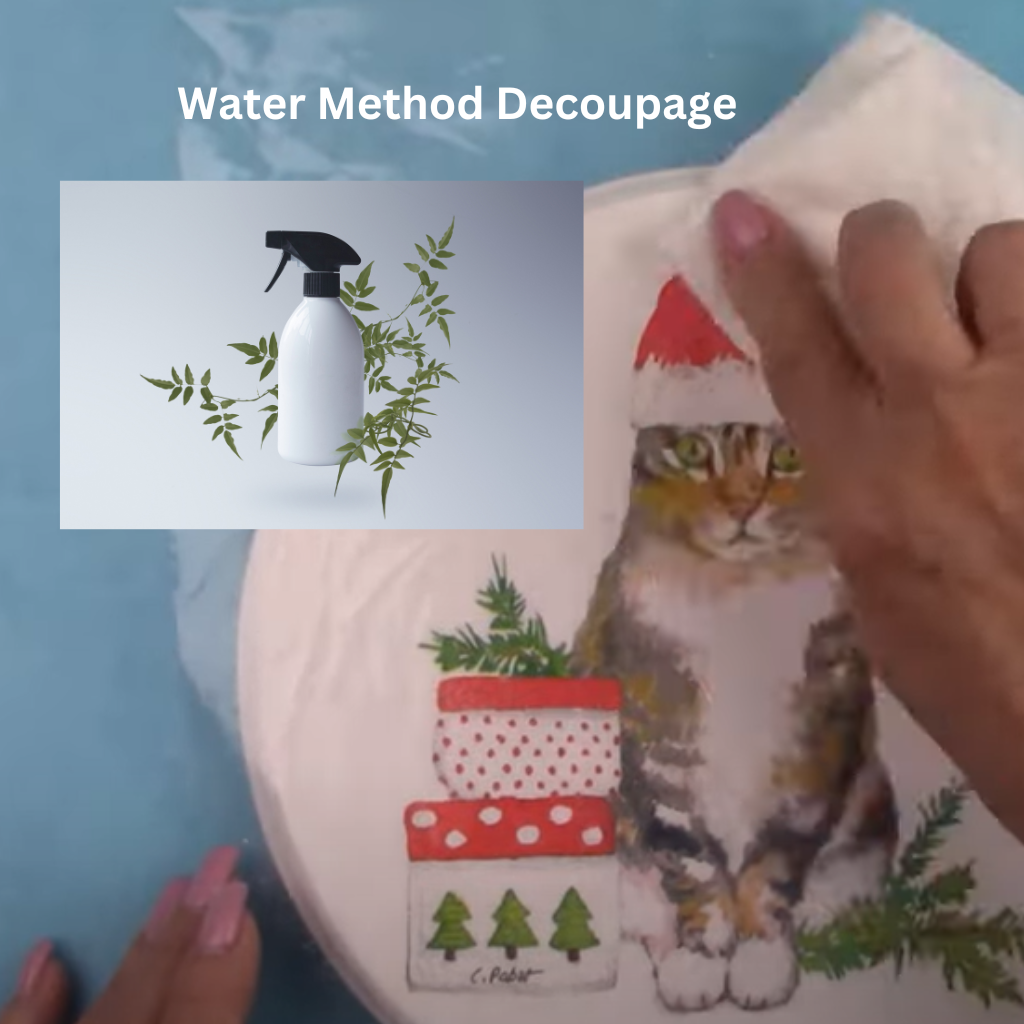 How to use the Water for Decoupage video. A white wooden coaster is decoupaged with a Christmas cat in a red hat.