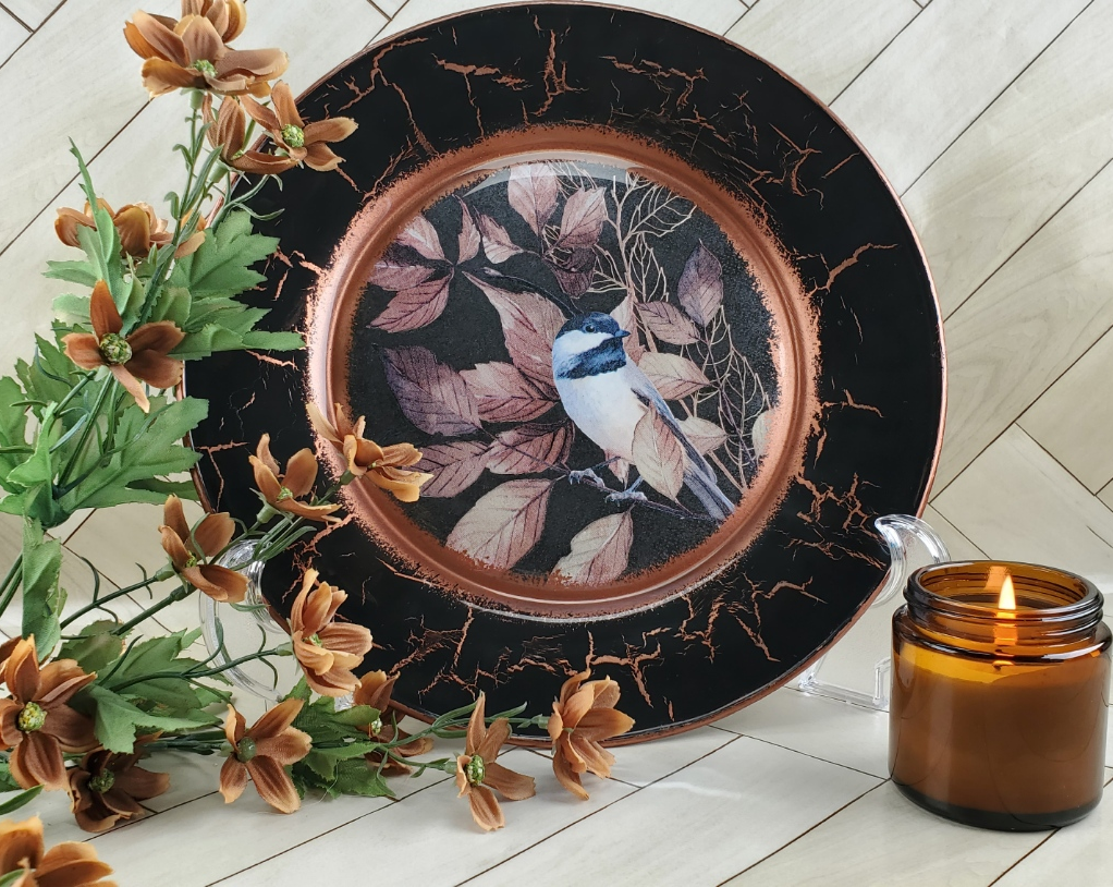 beautiful reverese decoupaged plat with bird and copper highlights with napkin from DecoupagNapkins.com