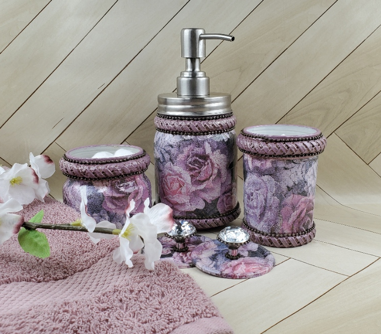 beautiful mason jars decoupaged with napkins of purple and flowers with white flower blossom from DecoupageNapkins.com