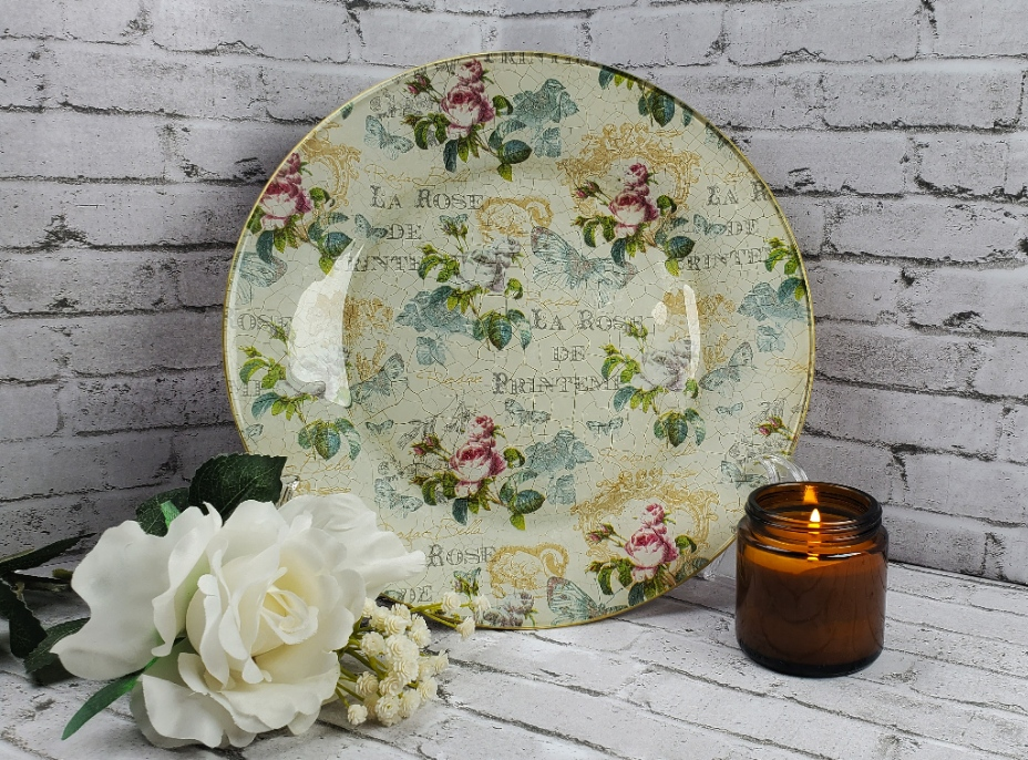 image of glass plate reversed decoupaged with floral round Decoupage Napkins