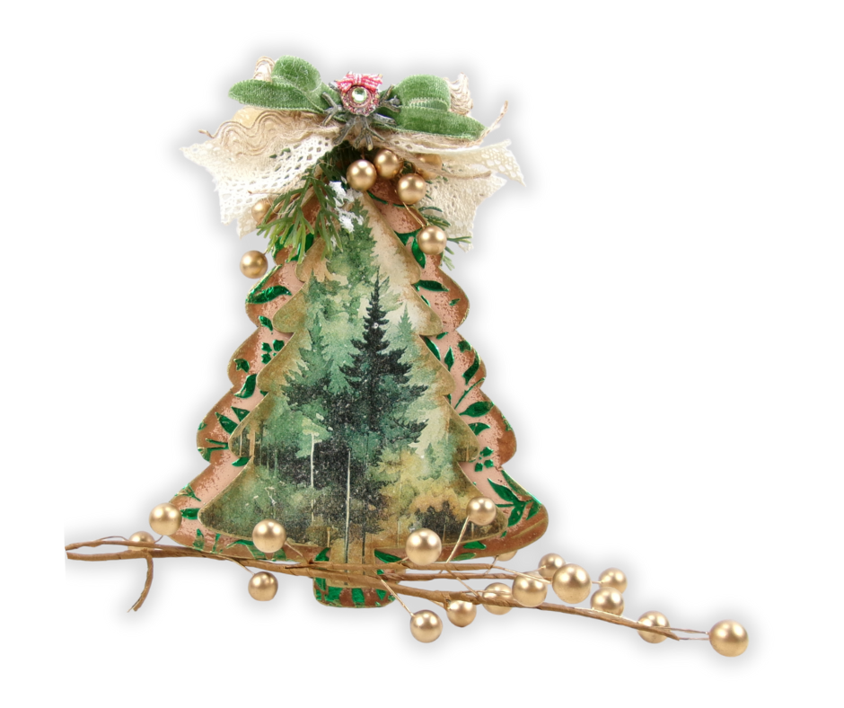 Christmas tree ornament with tree pattern, bow and gold adornments