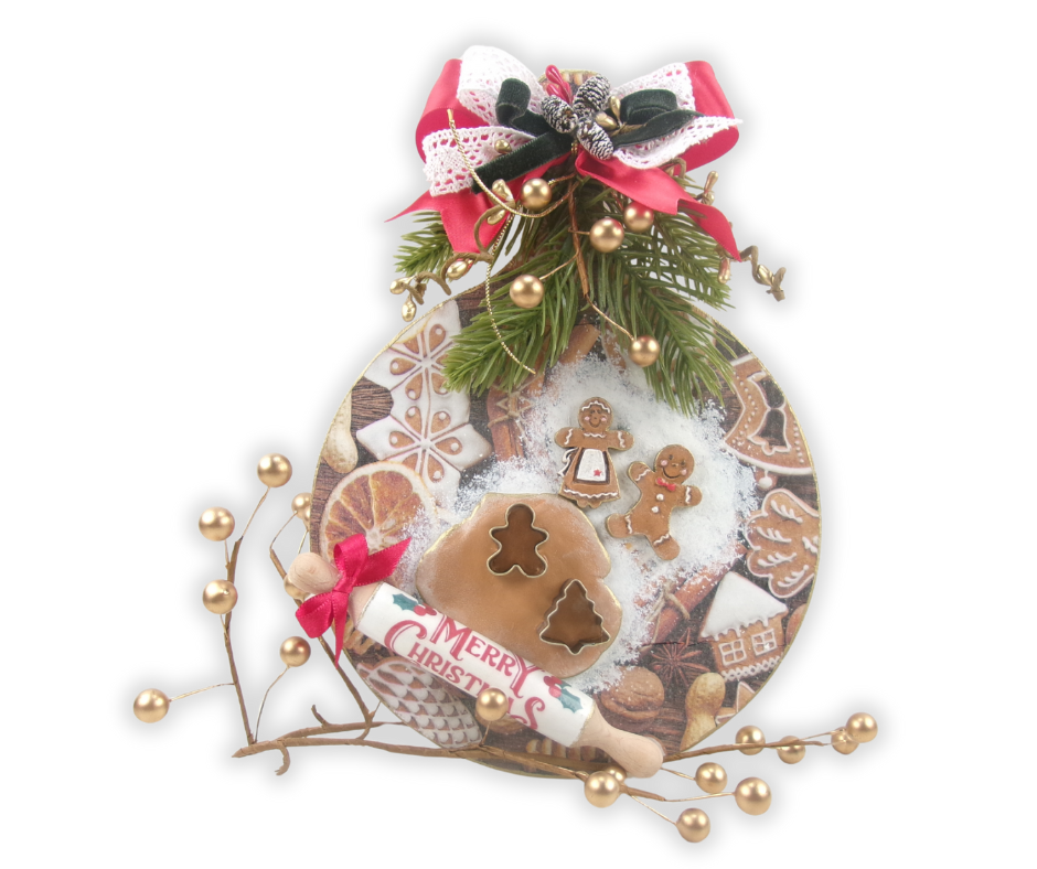 DIY Christmas gingerbread cutting board craft with napkin decoupage, clay gingerbread people, mini rolling pin, festive greenery, and holiday bow—perfect handmade holiday kitchen décor.