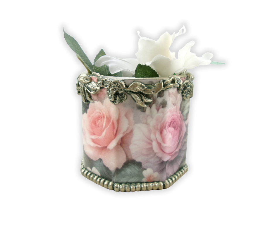 Pale pink rose patterned decoupage paper in silver trimmed planter