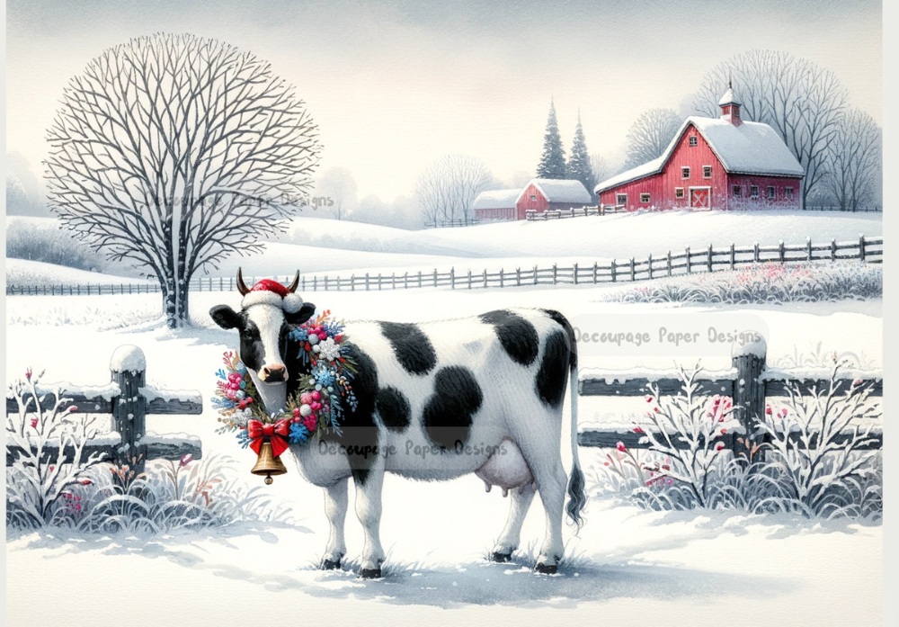 Black and white cow with holiday wreath in snowy meadow with red barn in background. A4 Rice Decoupage paper for crafts.