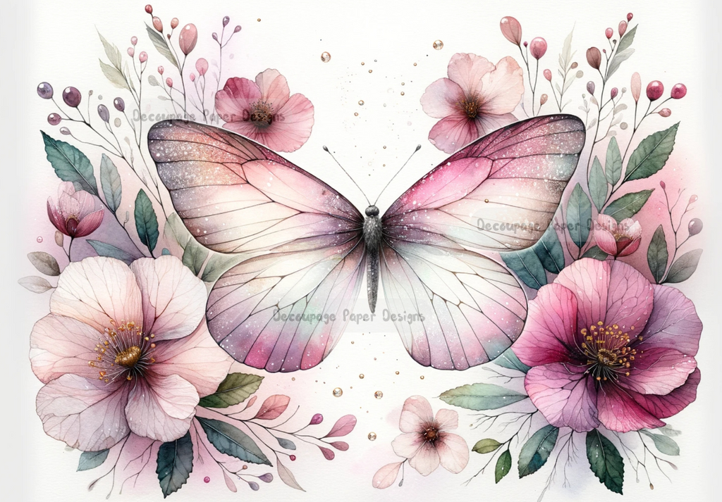 Pink and white Butterfly with flower background. A4 Decoupage paper for crafting, scrapbooking, collage and mixed media art.