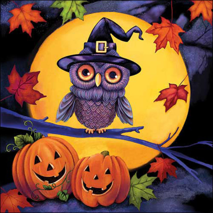 Decorative owl in a witch hat sits under a full moon with jack-o-lanterns and fall leaves, perfect for Halloween-themed decoupage projects and seasonal crafting.