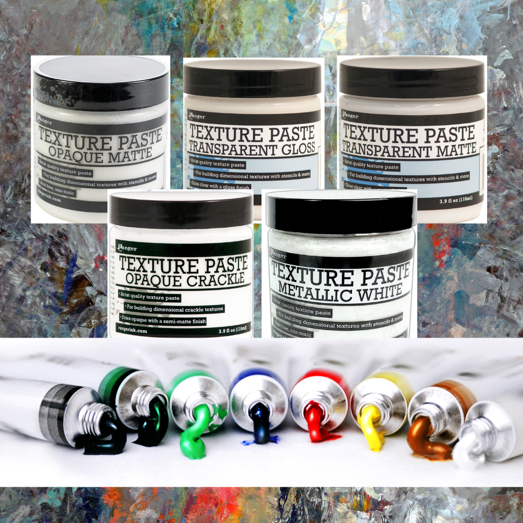 Ranger Texture Paste - Metallic, Crackle, Opaque Matte, Transparent Gloss and Matte. Add paint color. Can use stencils