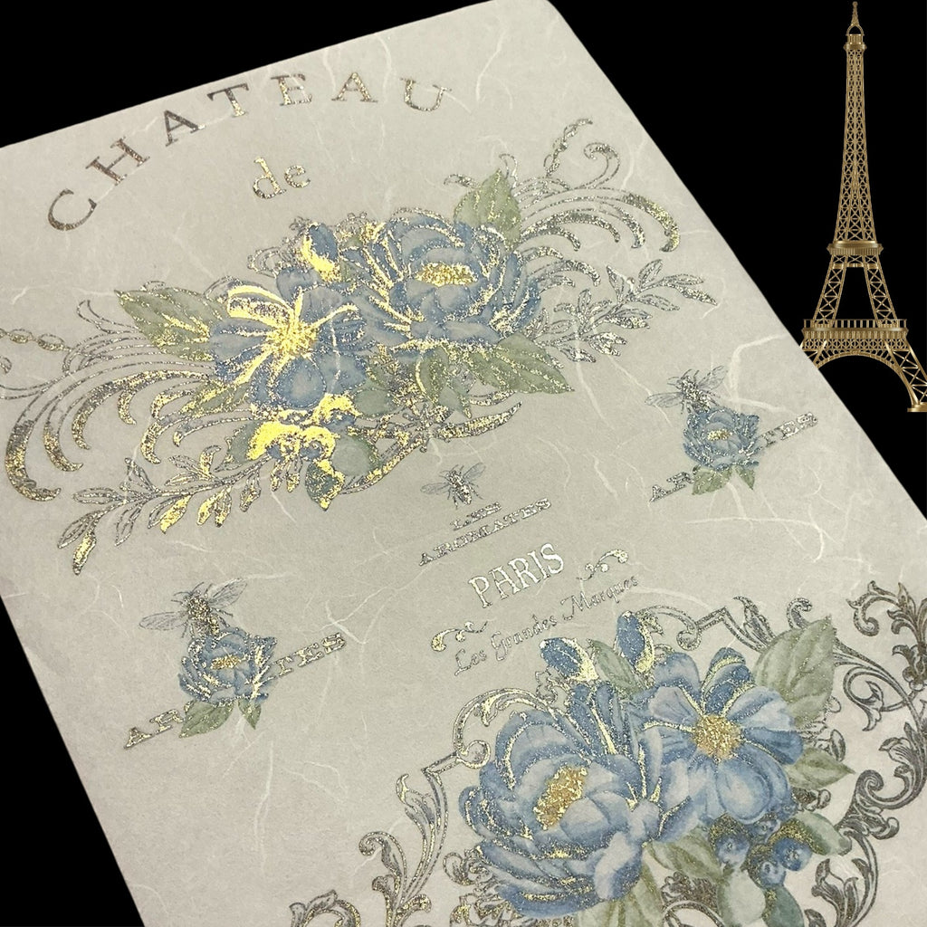 Blue gold Gilded rice paper featuring embedded gold foil with Paris theme