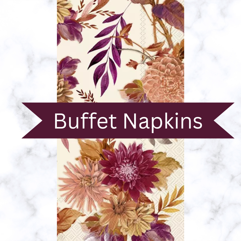 Floral pattern with burgundy and pale pink flowers of a decoupage paper napkin in Buffet size.