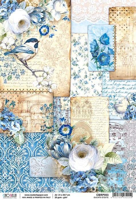 Ciao Bella Rice Paper for Decoupage White Flowers and Blue Birds