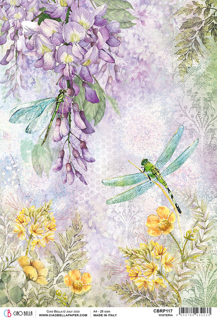 Ciao Bella Decoupage Paper featuring lavender wisteria, yellow daffodils and a dragonfly.