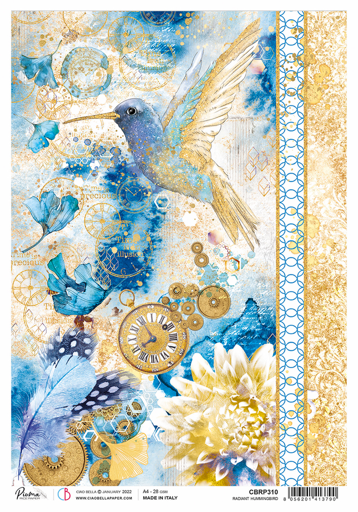 Gold and blue hummingbird with beige flowers and golden clocks. A4 Rice paper for decoupage art by Ciao Bella.