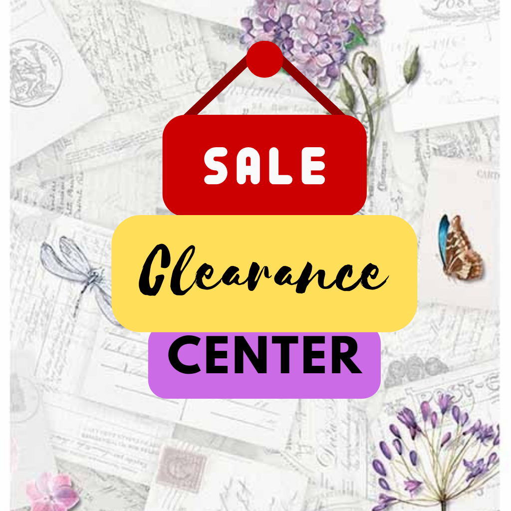 Clearance Center Sale Deep Discounts on Decoupage Napkins. Yellow, red and purple sign.