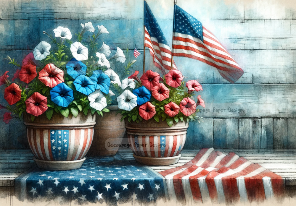 Patriotic red white and blue petunias and flower pots with flag. Patriotic Americana decoupage paper for crafting.