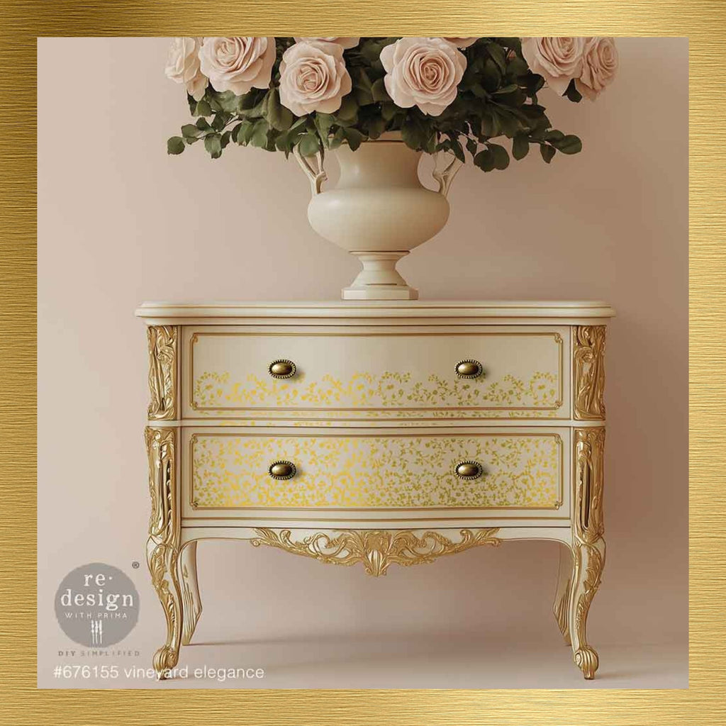 Dresser with rich gold metallic paint and rub on transfer elements