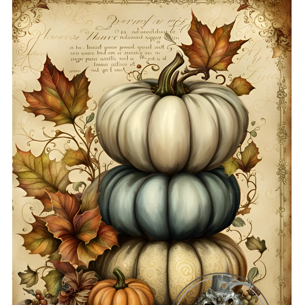 3 stacked fall pumpkins, white beige and teal. A4 Decoupage Paper.