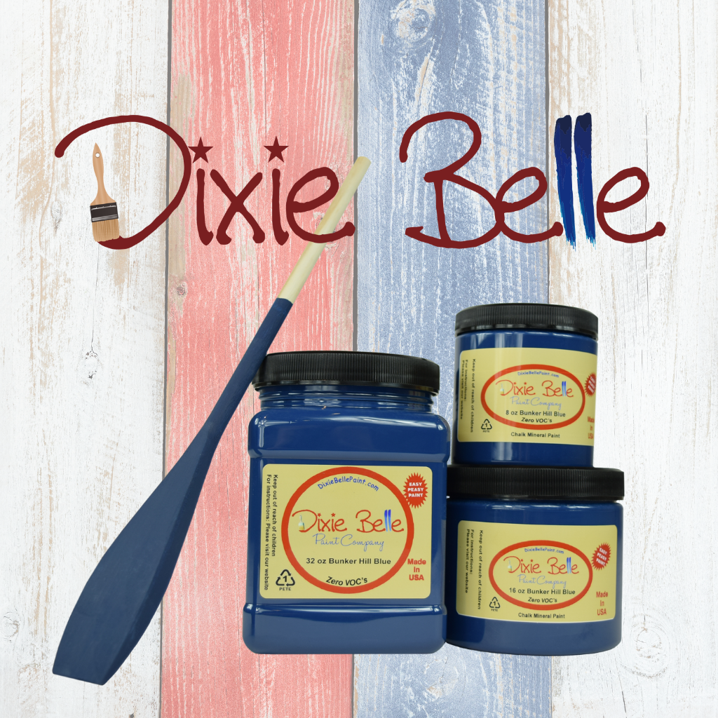 Dixie Belle Paint blue color on red whit blue wood background
