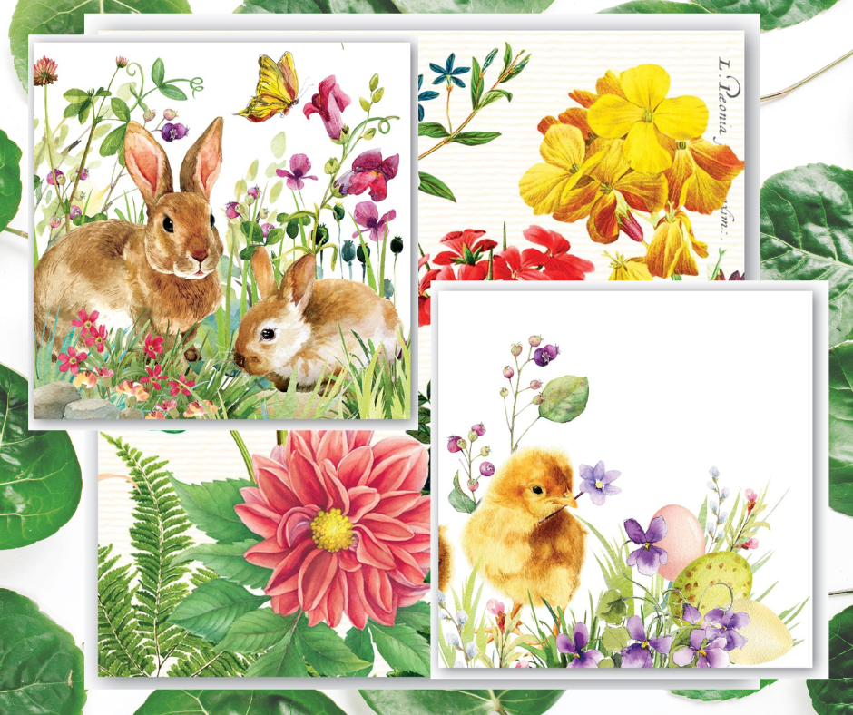 Floral bunny rabbits and chicks Easter napkins for Decoupage, Scrapbooking, Mixed Media, Card Making