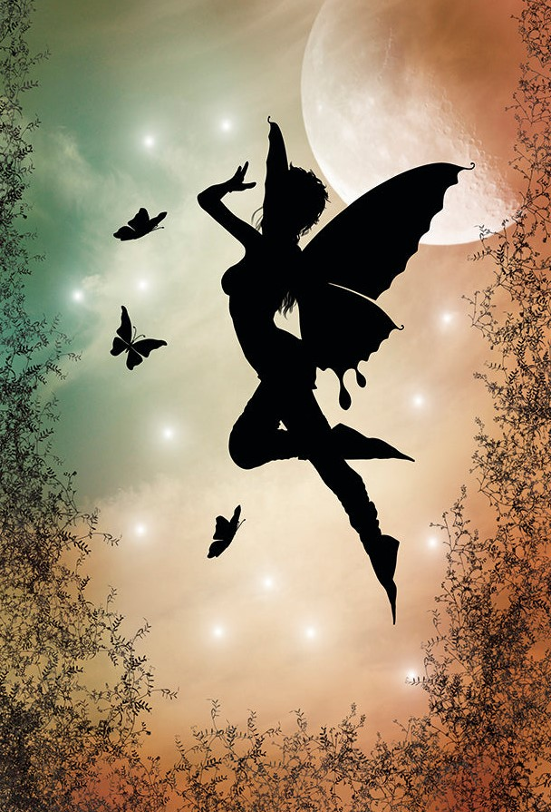 Black silhouette of a winged fairy against a golden sky and moon decoupage paper.