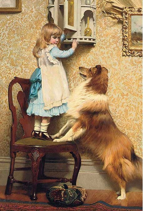 Decoupage rice paper of young girl on chair with Collie dog