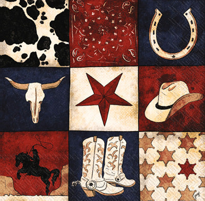 Farm and Country Decoupage Napkins for Scrapbooking, Mixed Media Art. Images of Cowboy, boots and horses on red blue background