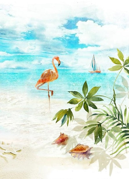 Scene of blue ocean waters with sailboat and pink flamingo on decoupage rice paper