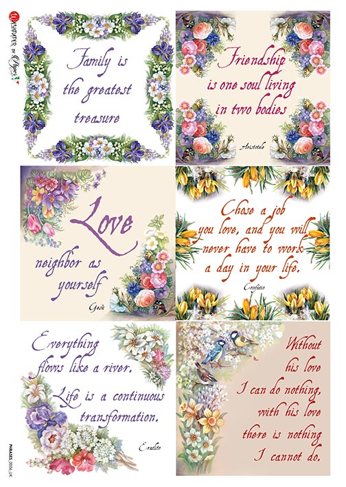 Phrases A4 Rice Papers are imported from Europe.  They feature stunning colors, artistic patterns and exceptional strength. Great for Decoupage, Scrapbooking, DIY