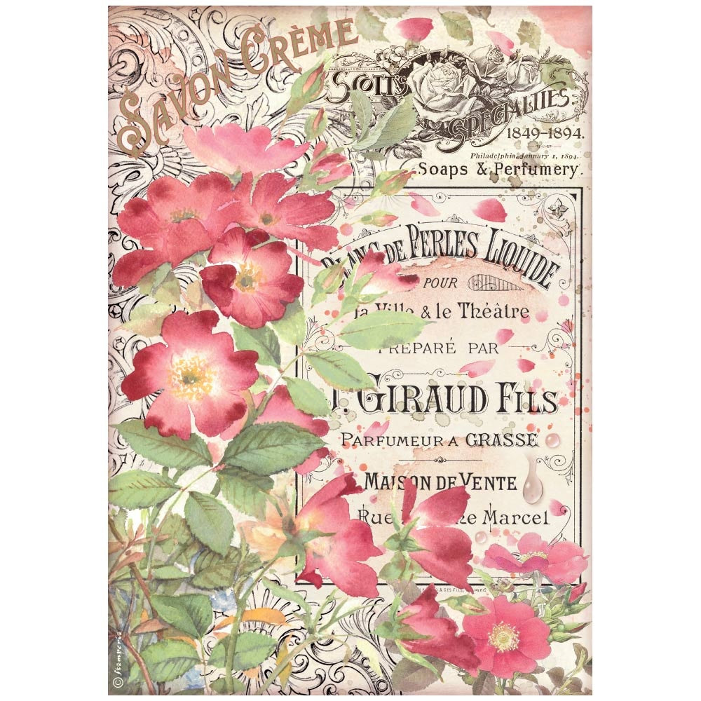 Pink Flowers and vintage script. Stamperia Rice Paper Collection, Italian-inspired craft paper