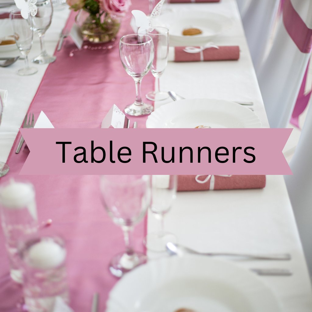 Table Runners for Party Table. Pink table runner on white cloth wedding table.