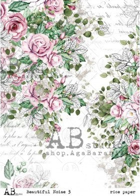 pink flowers on whte with vintage script AB Studio Rice Papers