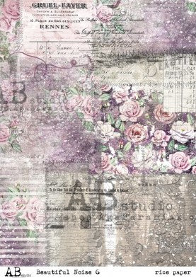 pruple flowers on vintage newpaper clippings AB Studio Rice Papers