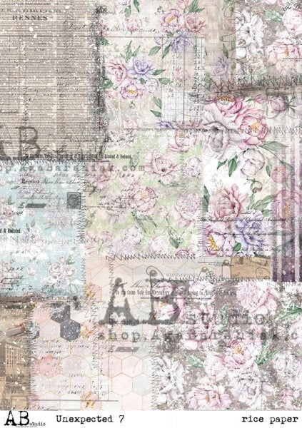 vintage news paper clippings and pink blossoms AB Studio Rice Papers