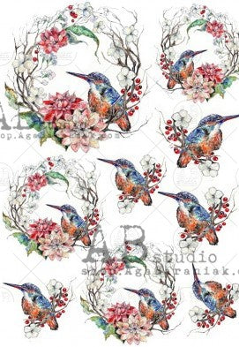 blue bird with red and pink flower wreaths AB Studio Rice Papers