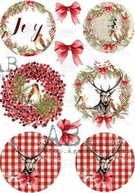 Christmas wreath circles with red ribbons AB Studio Rice Papers