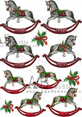 toy rocking horses on white with holly sprig in red bow AB Studio Rice Papers