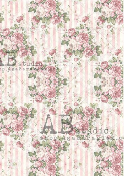 pink flower wreaths on pink and white stripes AB Studio Rice Papers