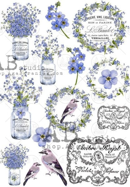 blue flowers in jars and french labels in blue and green AB Studio Rice Papers